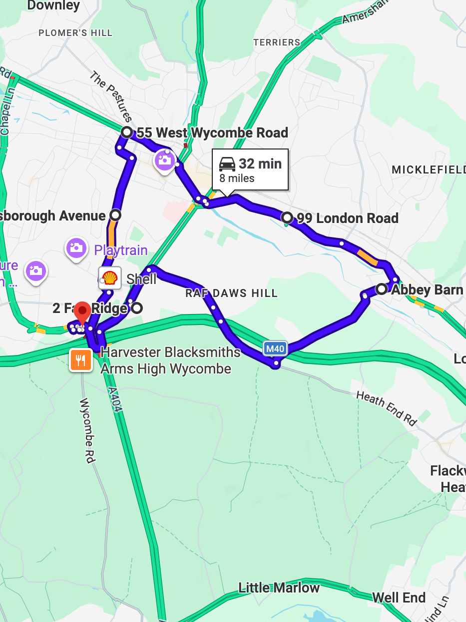 High Wycombe Driving Test Routes map showing common roads used in the High Wycombe driving test