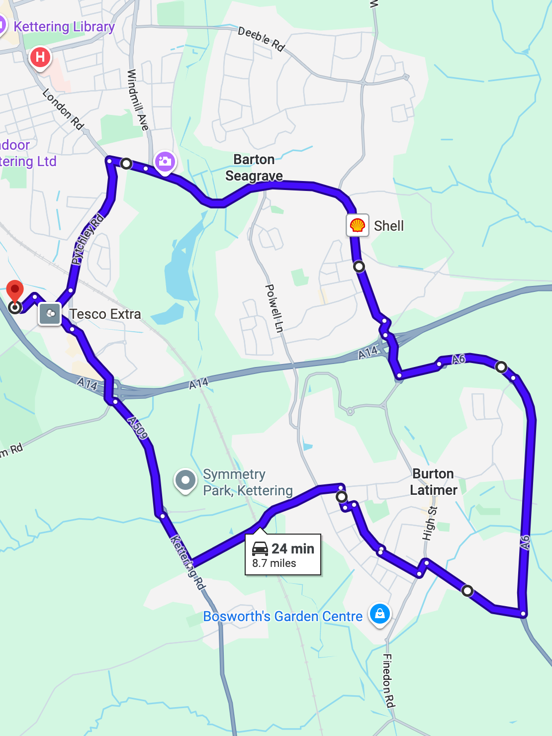 Kettering driving test routes map featuring the complex A14 dual carriageway merges and Weekley Wood roundabout systems