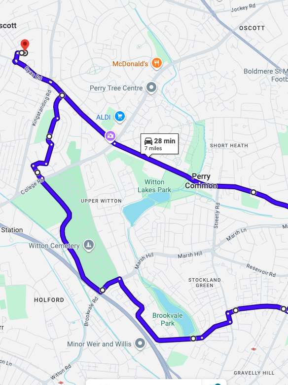 Birmingham Kingstanding driving test routes map featuring the complex Kingstanding Circle and Queslett Road roundabouts
