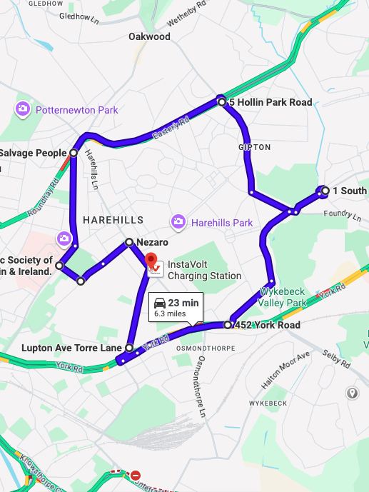 Leeds (Fearnville) Driving Test Routes showing a real DVSA test route with common junctions and roundabouts near the test centre