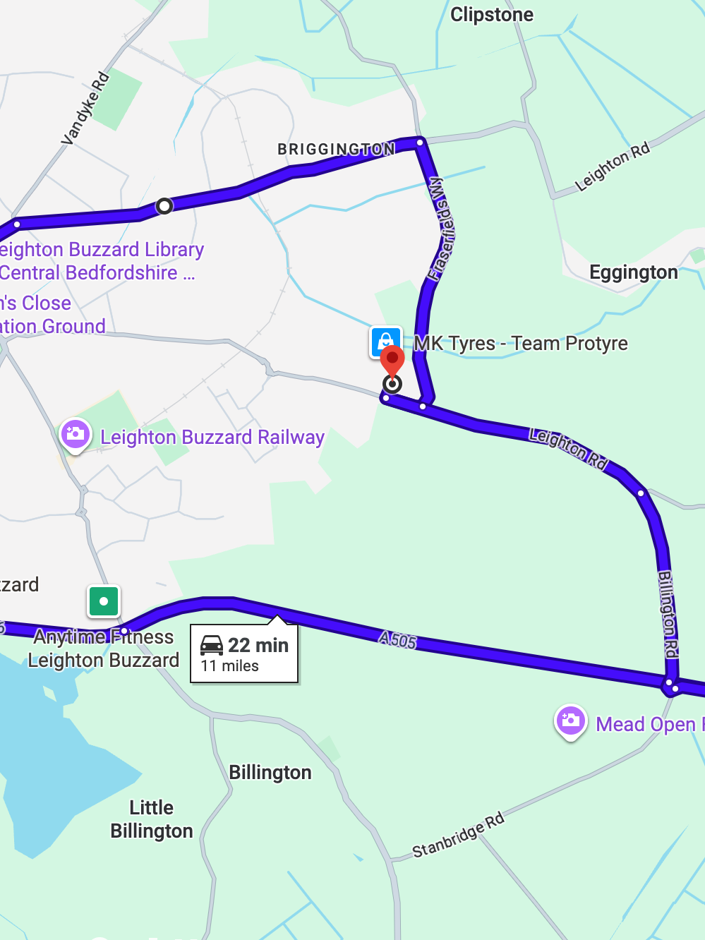 Leighton Buzzard Stanbridge Road Driving Test Routes map featuring the complex A4146 bypass roundabouts and Stanbridge Road high-speed merges