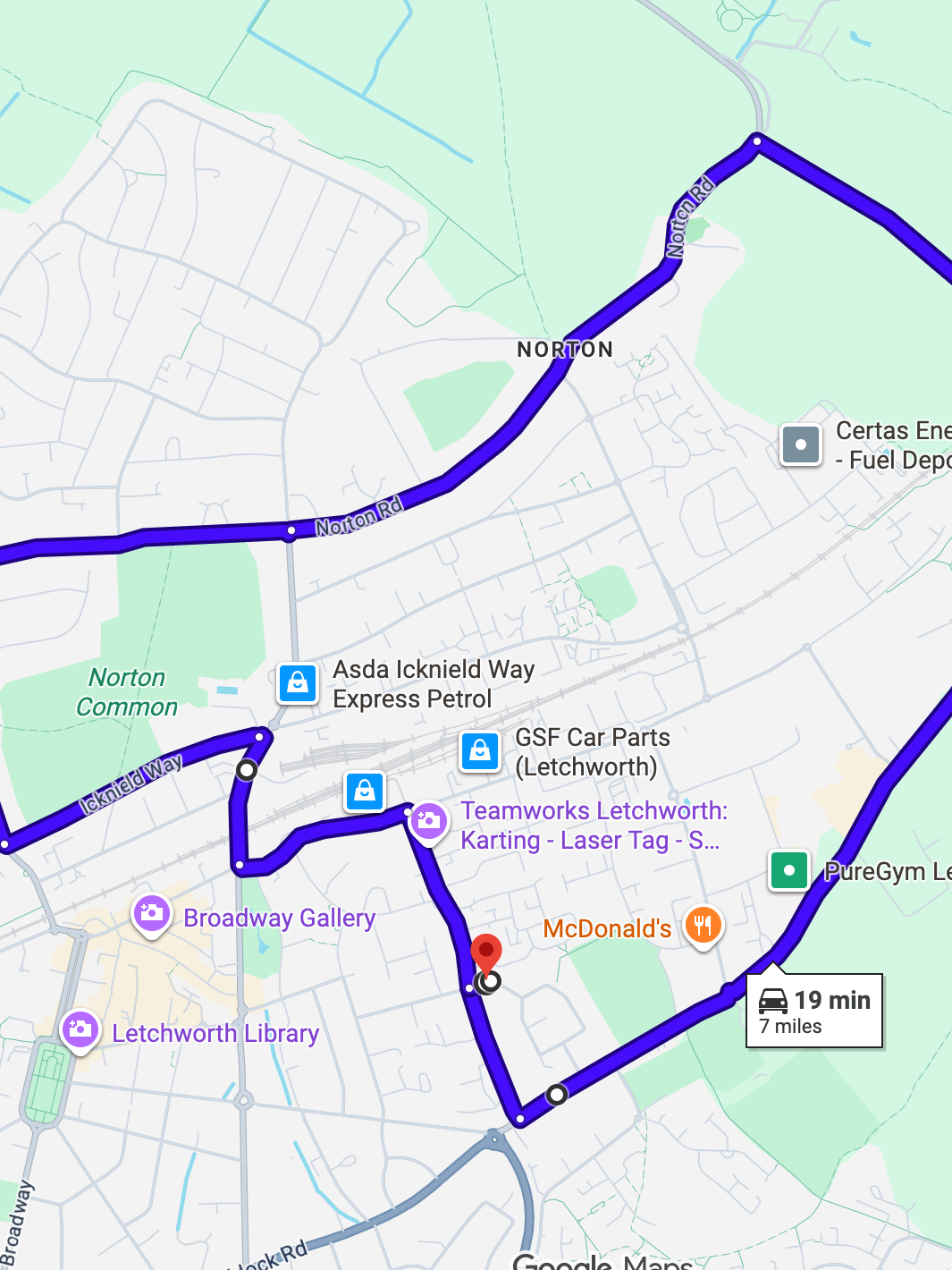 Letchworth driving test routes map featuring the complex Letchworth Gate roundabout and high-speed A505 Baldwin Avenue junctions