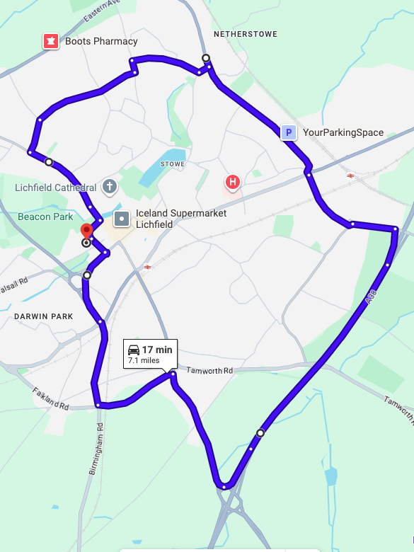 Lichfield driving test routes map featuring the complex A38 dual carriageway merges and Wall Island roundabout systems