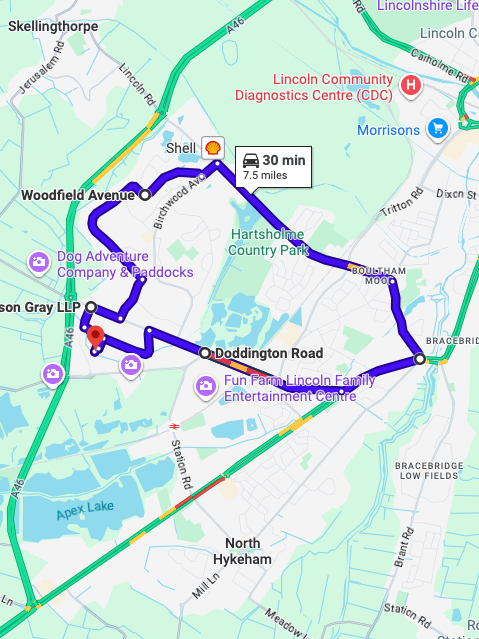 Lincoln Driving Test Routes map showing common roads used in the Lincoln driving test