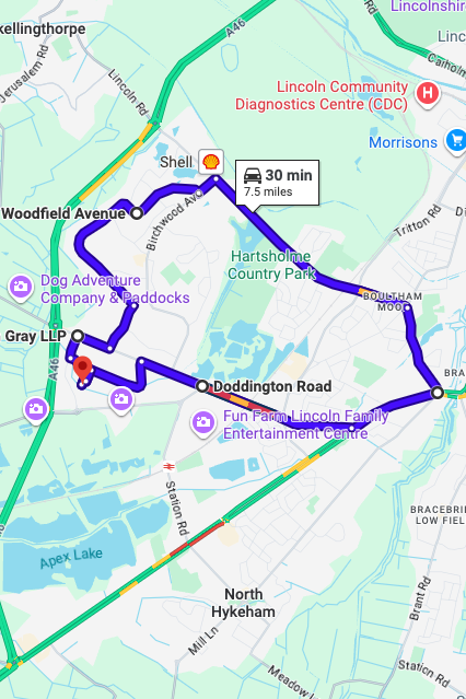 Lincoln driving test routes map UK showing DVSA test routes, real exam roads, key junctions, roundabouts and roads used in the driving test