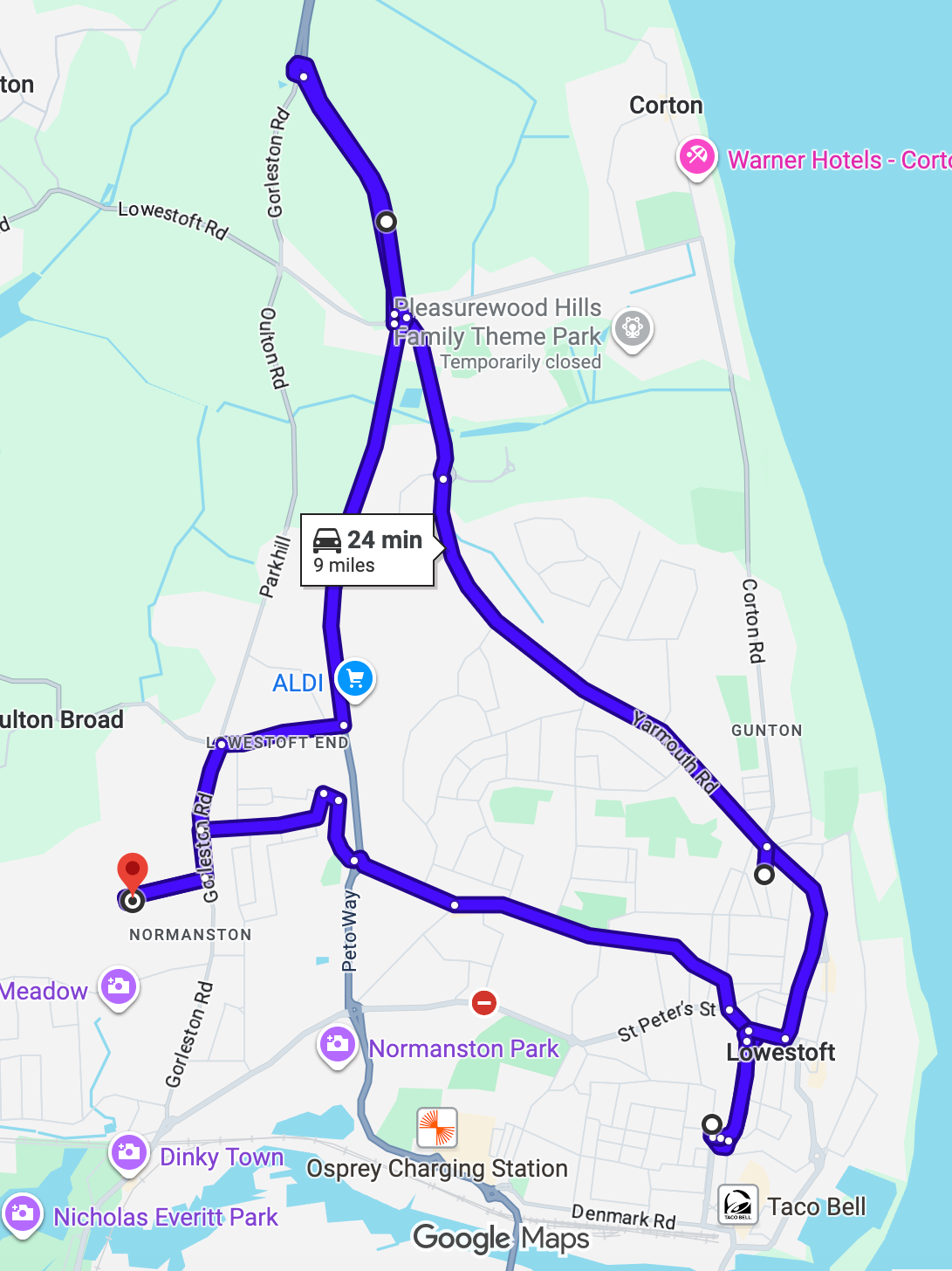 Lowestoft (Mobbs Way) Driving Test Routes map featuring the complex Oulton Broad roundabouts and A1117 Millennium Way dual carriageway merges