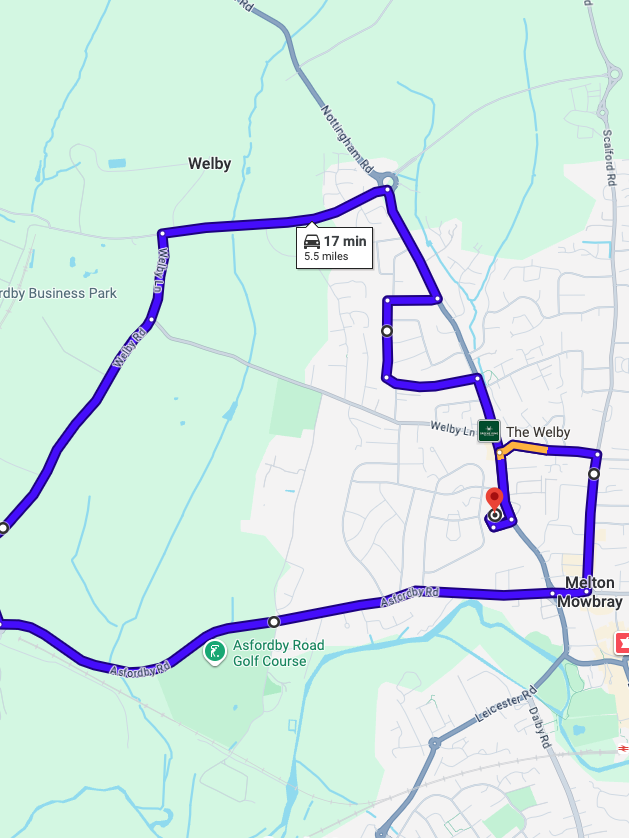 Melton Mowbray driving test routes map featuring the Nottingham Road A606 bypass and complex Asfordby Hill roundabout