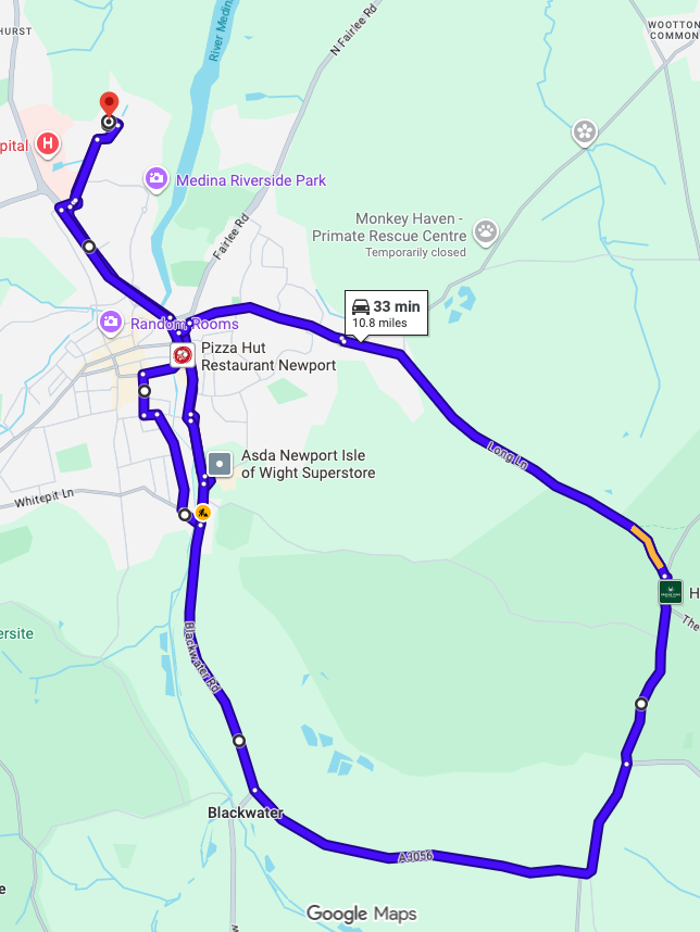 Newport Isle of Wight driving test routes map showing complex Coppins Bridge roundabout