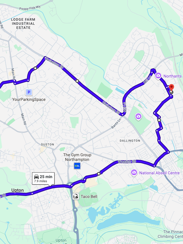 Northampton driving test routes map featuring the complex Sixfields roundabout and high-speed A45 dual carriageway junctions