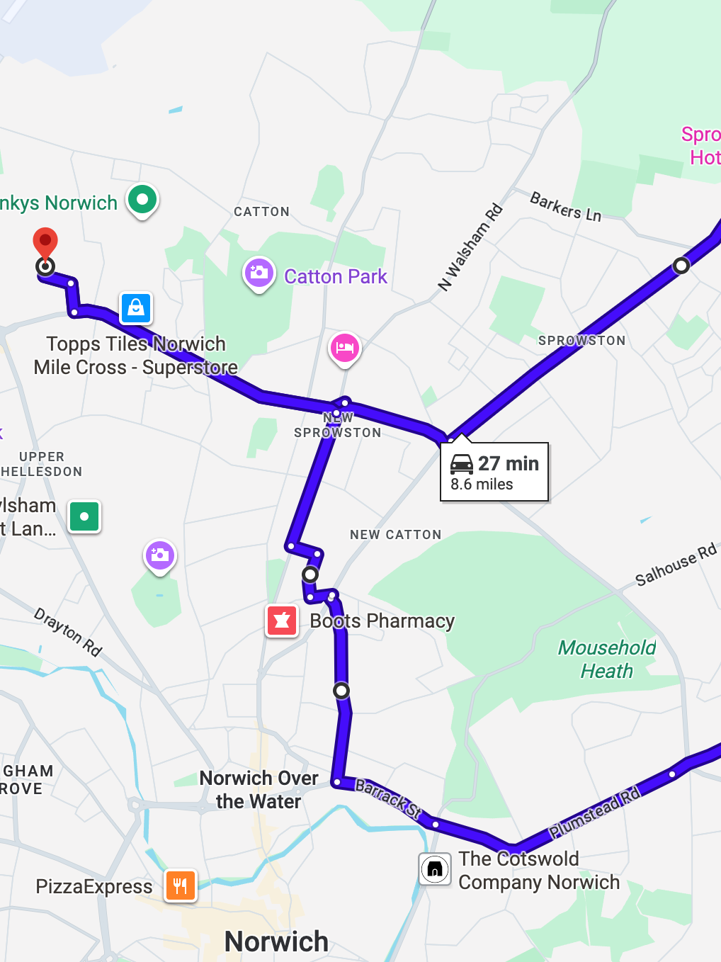 Norwich Jupiter Road driving test routes map featuring the Boundary roundabout and A140 Cromer Road high-speed merges near the airport