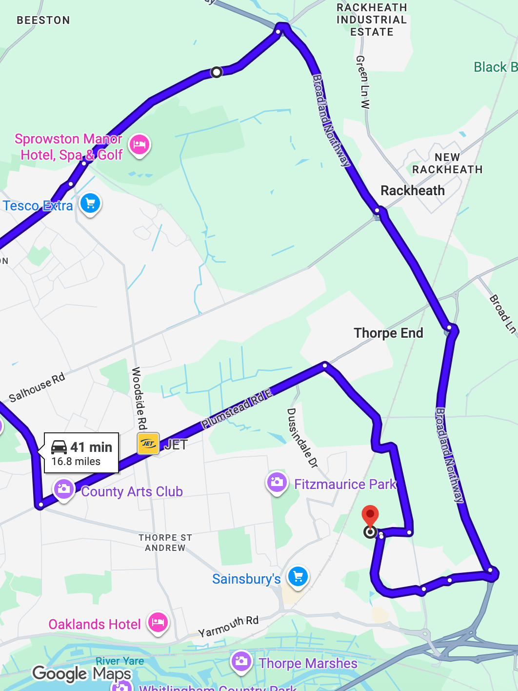 Norwich Peachman Way driving test routes map featuring the Postwick Interchange and high-speed A47 dual carriageway merges