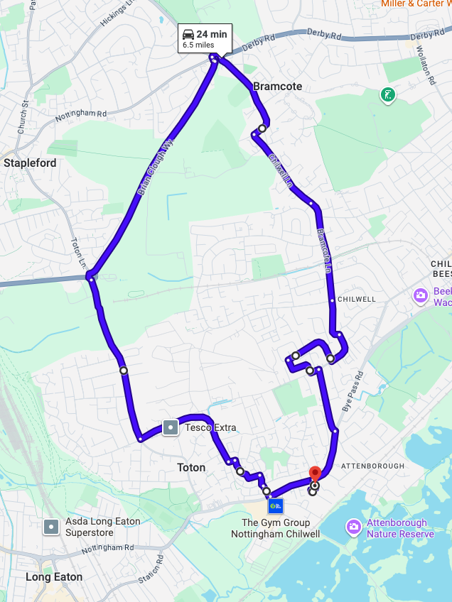 Nottingham Chilwell driving test routes map featuring the complex Bardills Roundabout and A52 Brian Clough Way dual carriageway merges