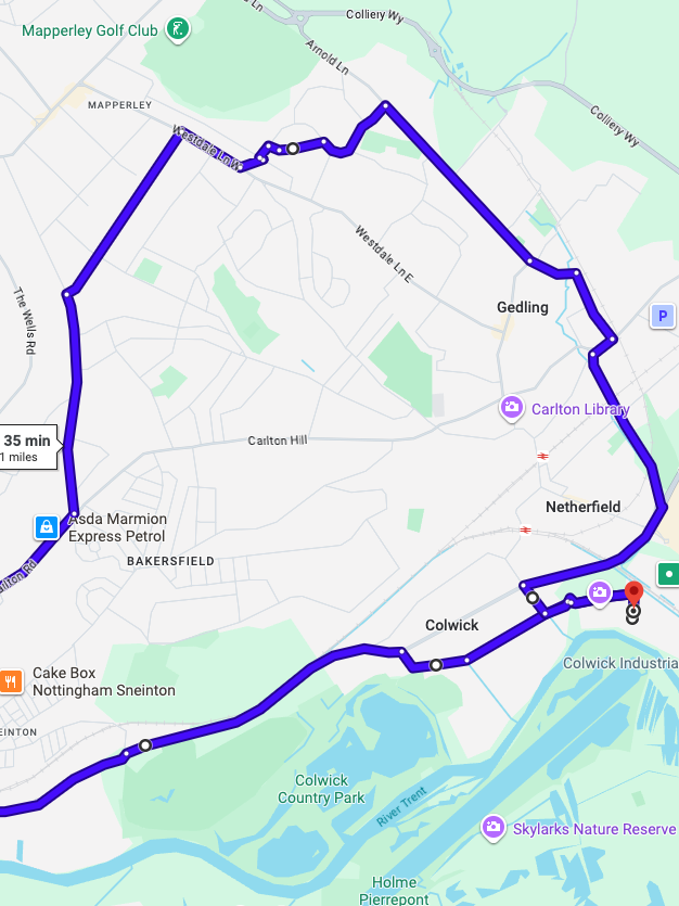 Nottingham Colwick driving test routes map featuring the A612 Colwick Loop Road and Victoria Retail Park roundabout