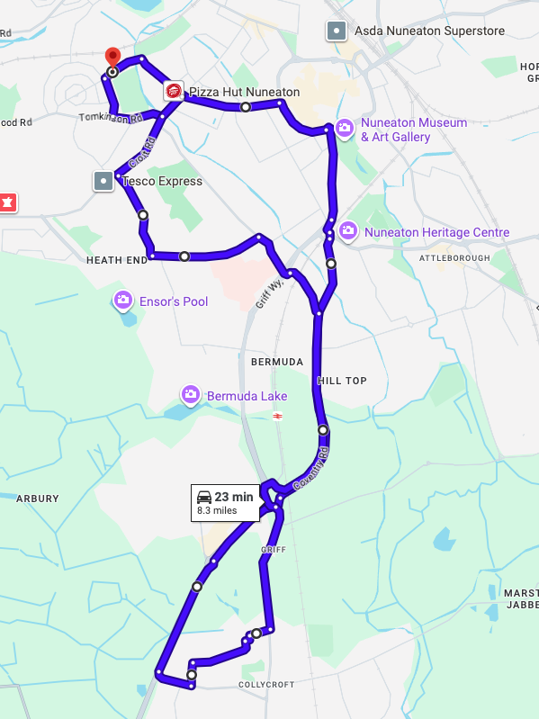 Nuneaton driving test routes map featuring the complex Coton Arches and Rooster roundabout systems