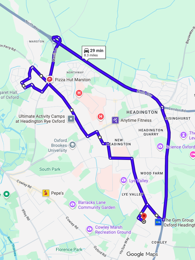 Oxford Cowley driving test routes map showing complex Oxfordshire roundabout systems