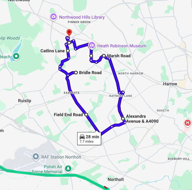 Pinner (London) Driving Test Routes map showing common roads used in the Pinner London driving test