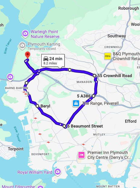 Plymouth Driving Test Routes showing a real DVSA test route with common junctions and roundabouts near the driving test centre