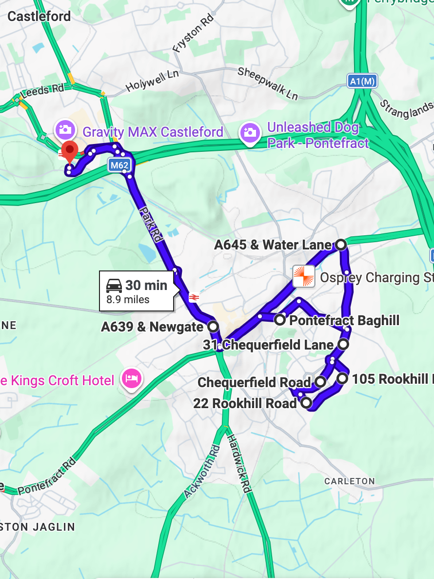 Pontefract Driving Test Routes showing a real DVSA test route with common junctions and roundabouts near the driving test centre