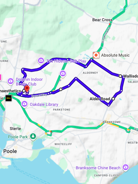 Poole Driving Test Routes showing a real DVSA test route with common junctions and roundabouts near the driving test centre