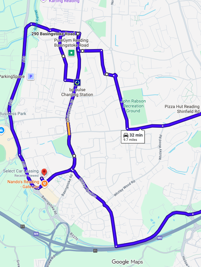 Reading driving test routes map showing complex Berkshire town roundabout systems