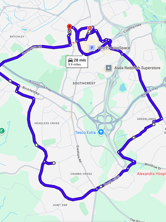 Redditch driving test routes map featuring the complex multi-lane Cloverleaf junction and Clover Leaf roundabouts