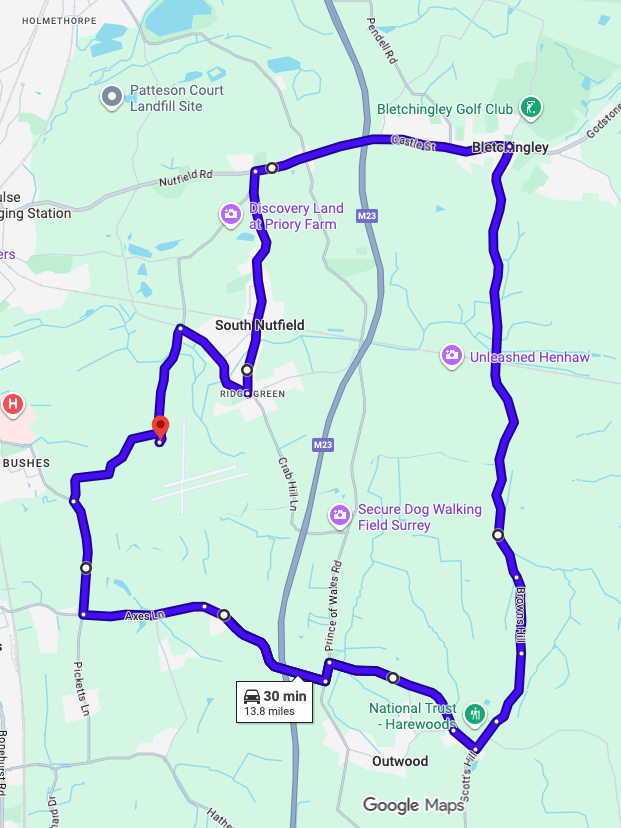 Redhill Aerodrome driving test routes map showing tricky Surrey roundabout systems