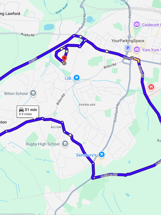 Rugby driving test routes map featuring the complex Webbs Island and Technology Drive roundabout systems