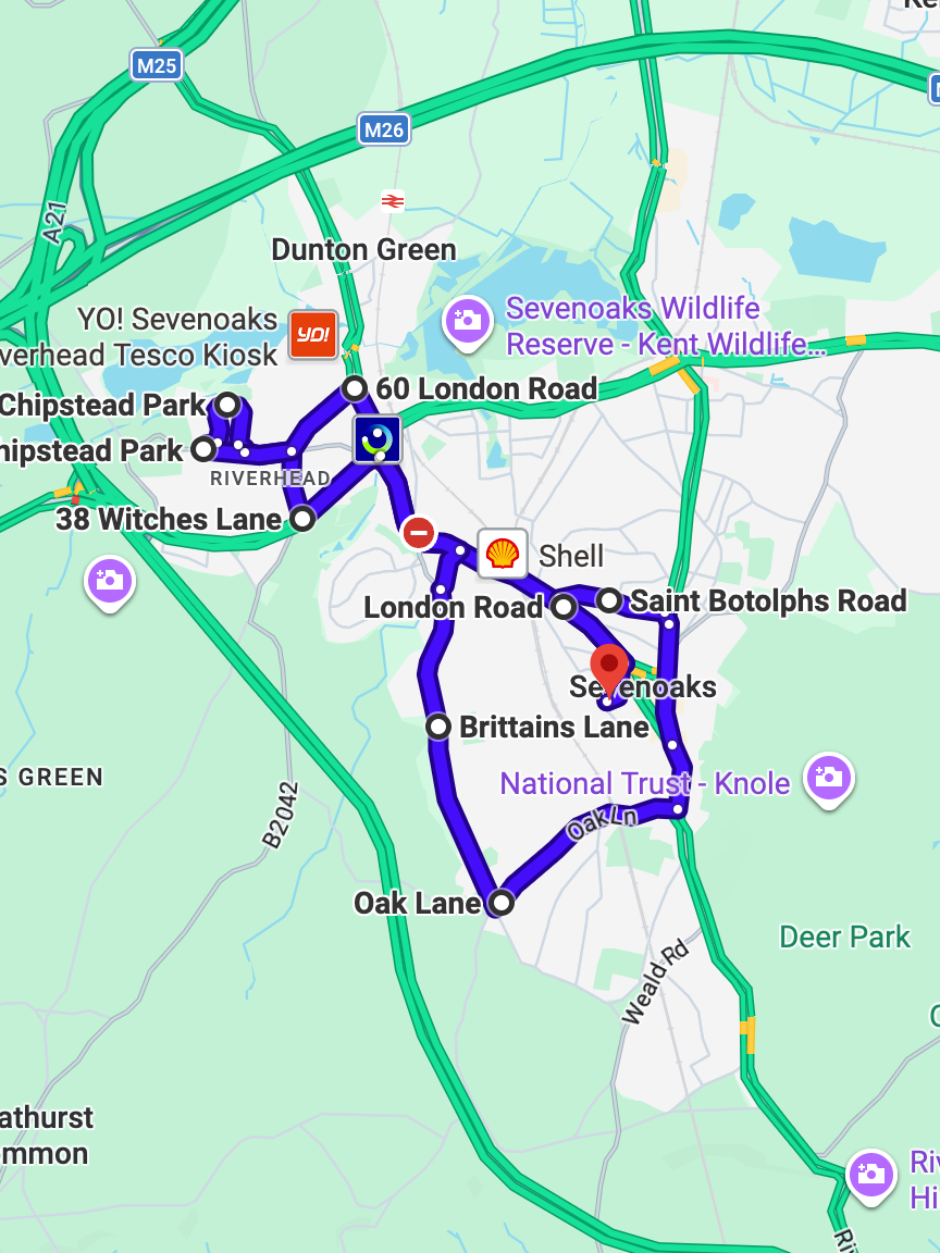 Sevenoaks Driving Test Routes showing a real DVSA test route with common junctions and roundabouts near the driving test centre