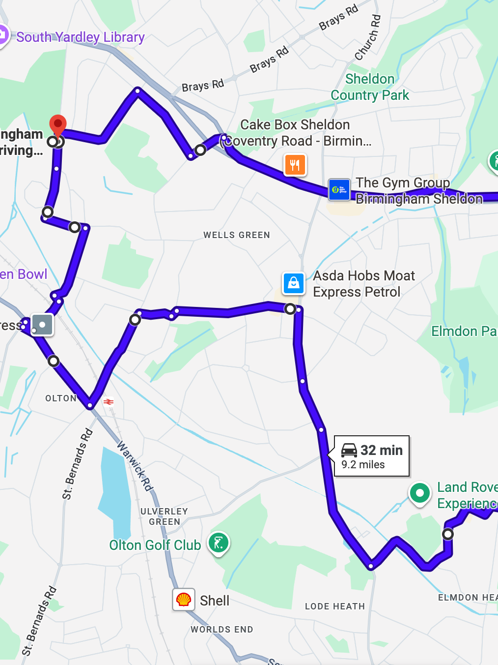 Birmingham South Yardley driving test routes map featuring the complex Swan Island and A45 Coventry Road junctions