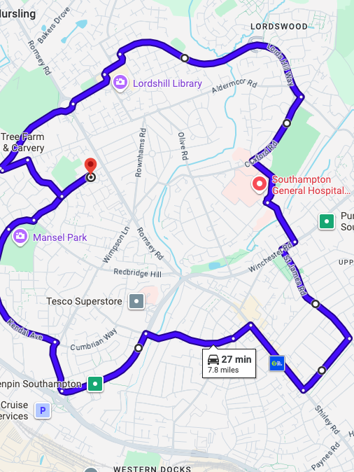 Southampton Maybush driving test routes map showing complex Hampshire roundabout systems