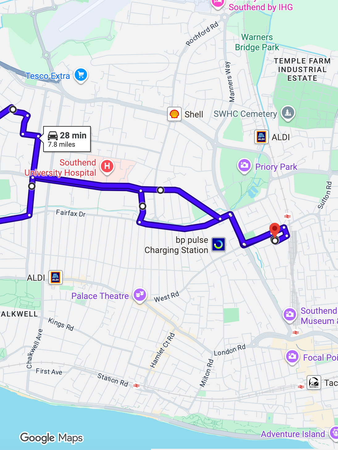 Southend-on-Sea driving test routes map featuring the complex Cuckoo Corner roundabout and A127 Arterial Road dual carriageway merges
