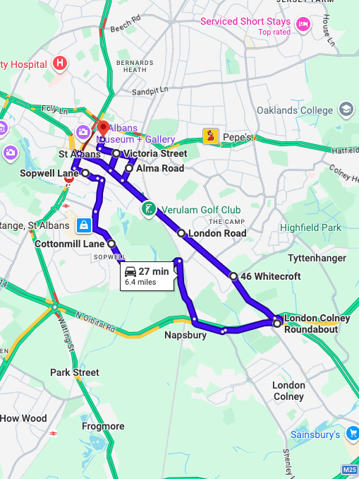 St Albans Driving Test Routes showing a real DVSA test route with common junctions and roundabouts near the driving test centre