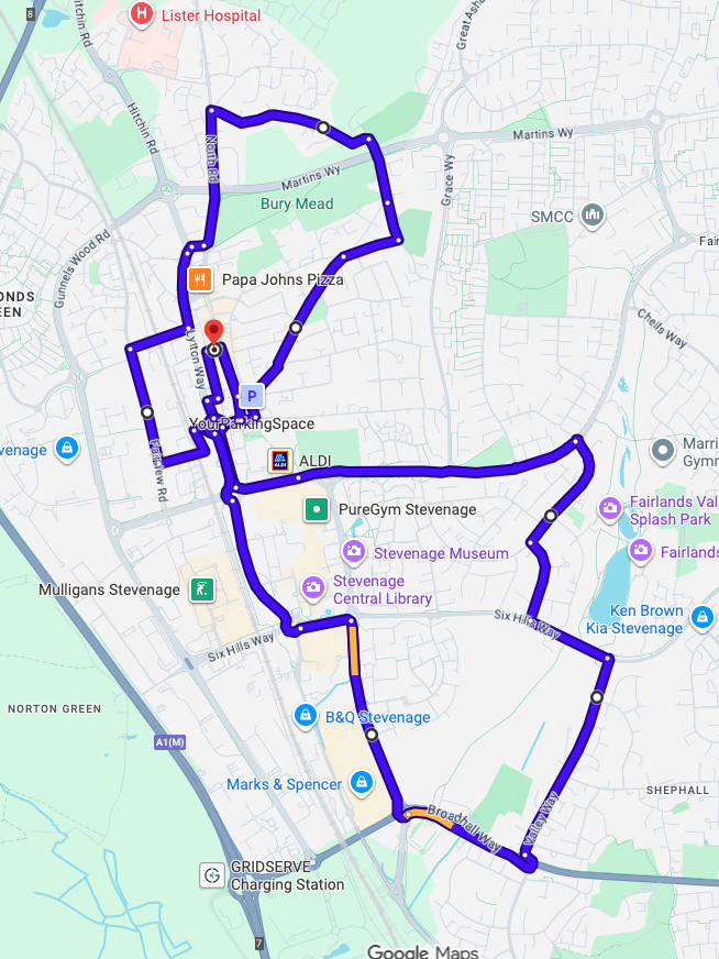 Stevenage driving test routes map featuring the complex Gunnels Wood Road gyratory and A1(M) Junction 7 dual carriageway merges