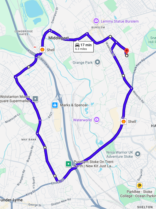 Stoke-on-Trent Cobridge driving test routes map featuring the complex Smallthorne and Limekiln roundabout systems