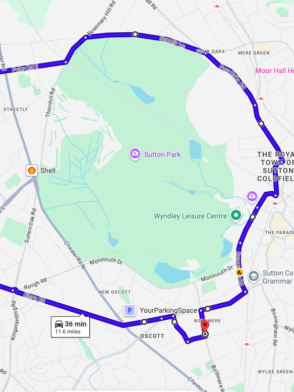 Birmingham Sutton Coldfield driving test routes map featuring Boldmere Road and the complex Chester Road roundabouts