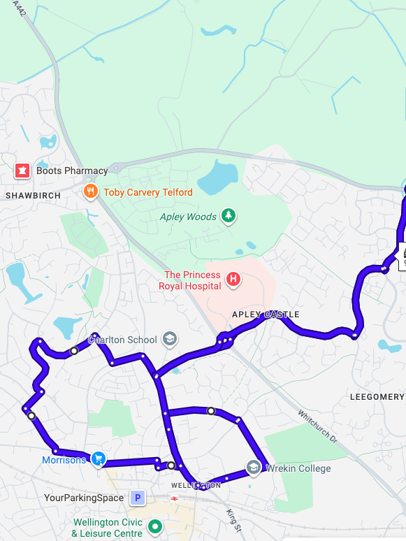 Telford driving test routes map featuring the complex Donnington Double Roundabout and A442 Queensway dual carriageway