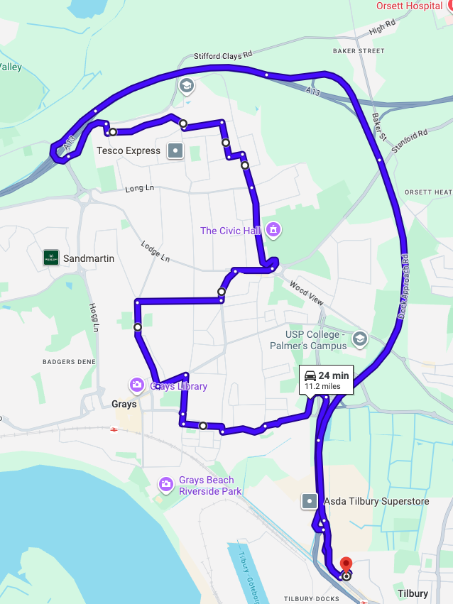 Tilbury driving test routes map featuring the complex Asda roundabout and high-speed A1089 dual carriageway junctions