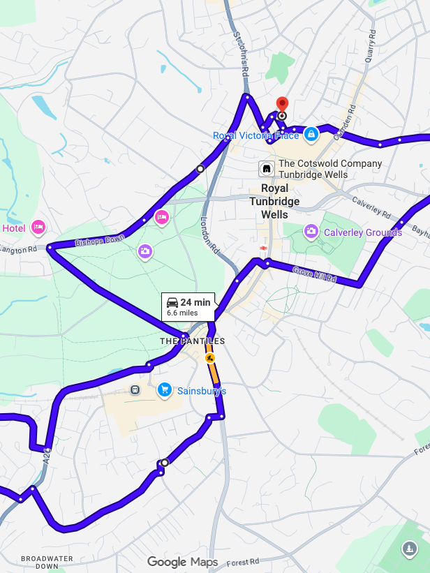 Tunbridge Wells driving test routes map showing tricky Kent town centre junctions
