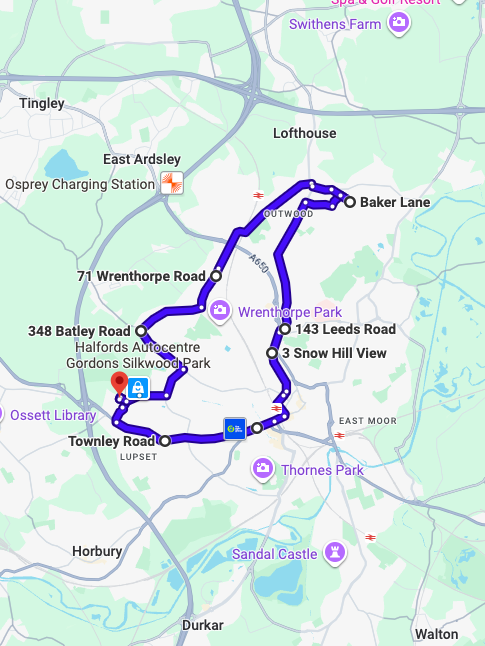 Wakefield Driving Test Routes showing a real DVSA test route with common junctions and roundabouts near the driving test centre