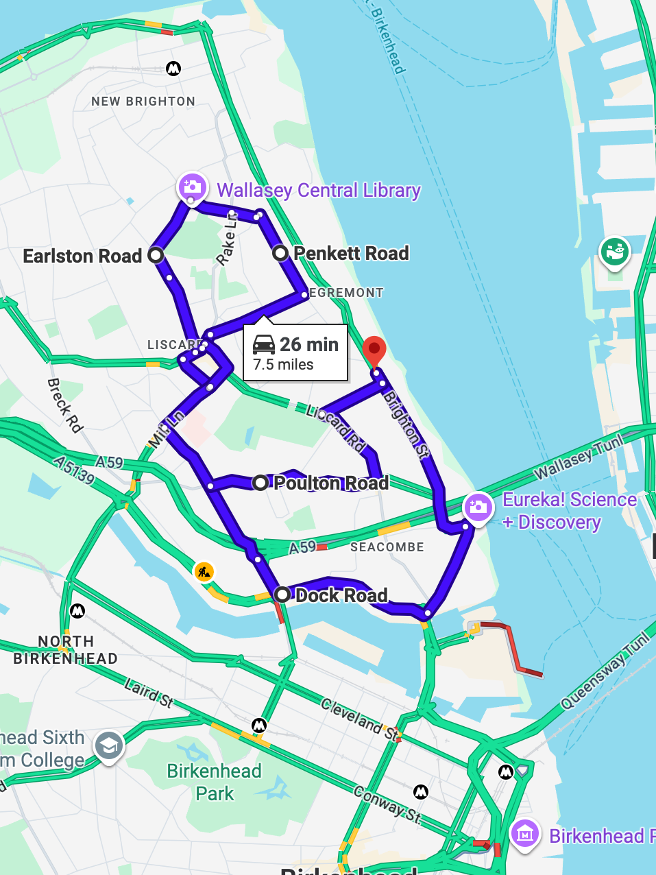 Wallasey Driving Test Routes showing a real DVSA test route with common junctions and roundabouts near the driving test centre