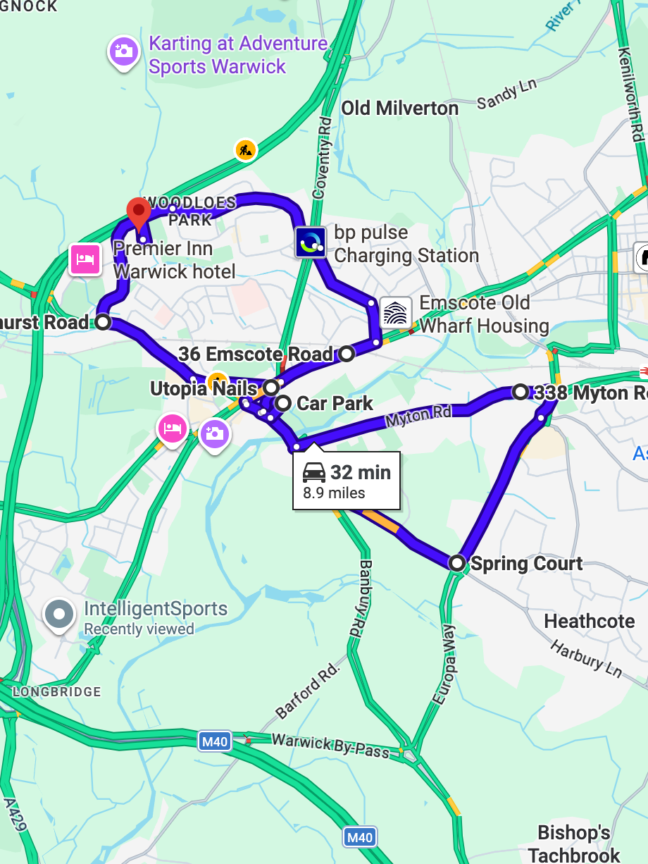Warwick (Wedgenock House) Driving Test Routes map showing common roads used in the Warwick driving test