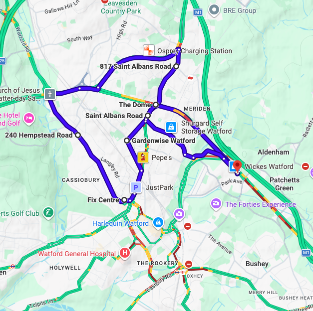 Watford Driving Test Routes showing a real DVSA test route with common junctions and roundabouts near the driving test centre