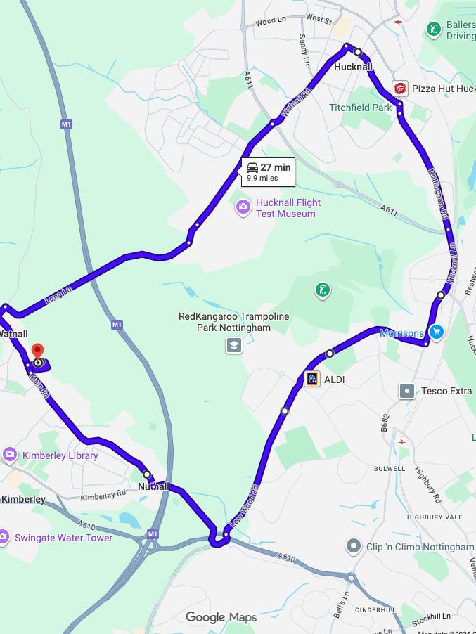 Watnall driving test routes map featuring the complex Nuthall Island roundabout and A610 dual carriageway junctions