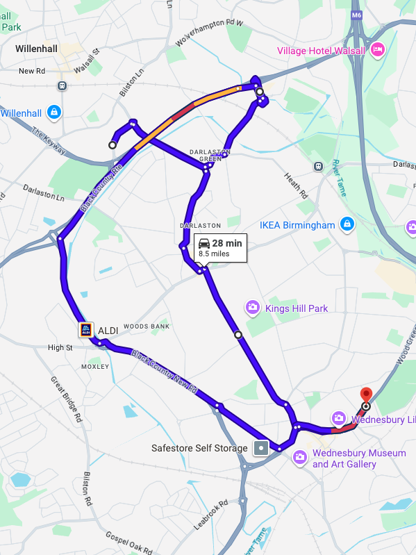 Wednesbury driving test routes map featuring the complex Gallagher Retail Park and Axletree Way roundabout systems