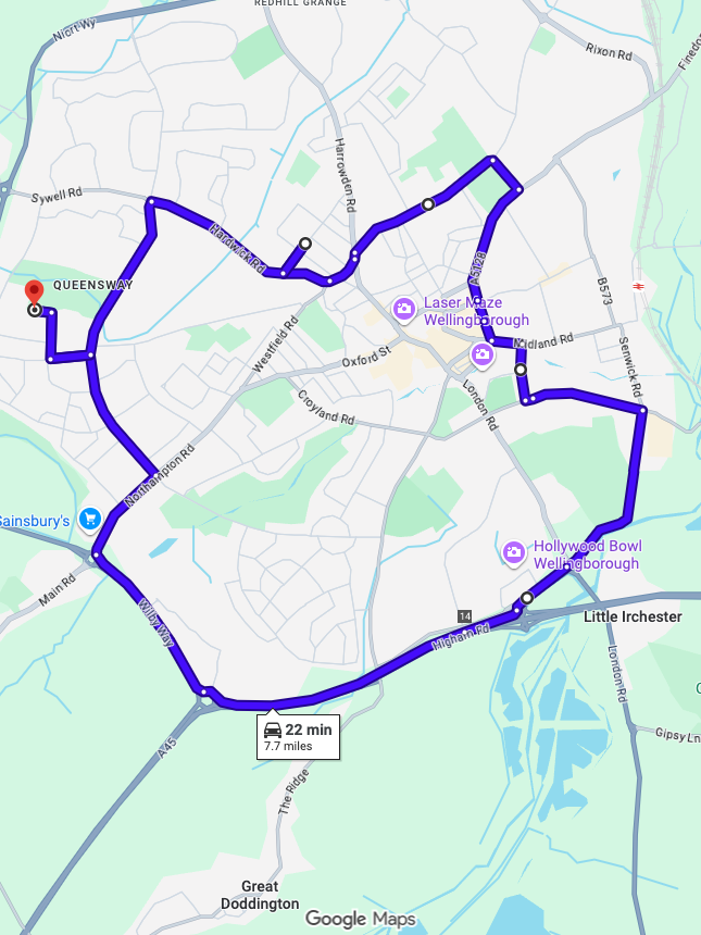 Wellingborough driving test routes map featuring the complex A509 and A45 dual carriageway junctions and Wilby road layouts