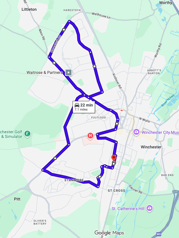Winchester driving test routes map showing complex Winnall roundabout systems