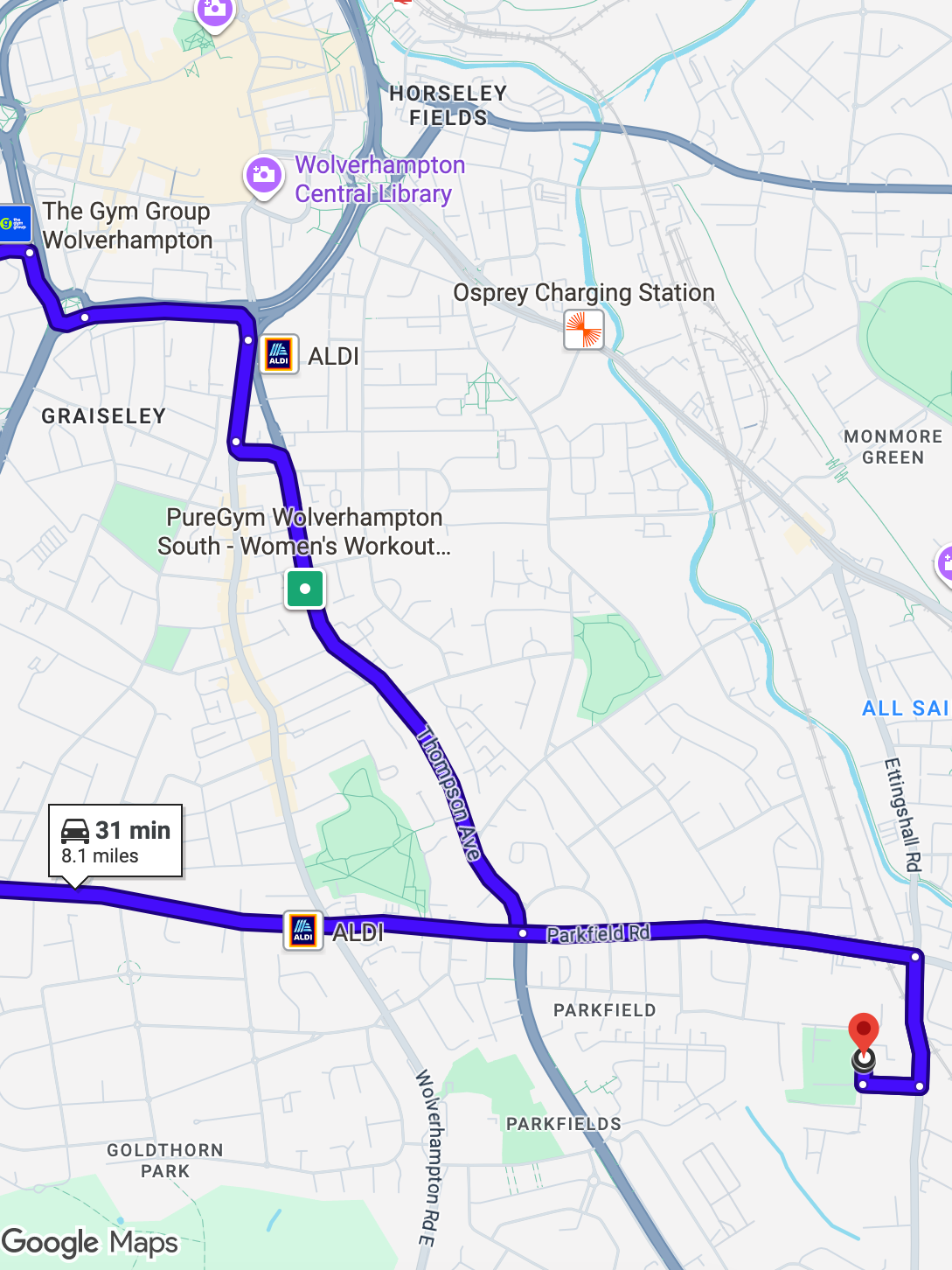 Wolverhampton driving test routes map featuring the complex Penn Road Roundabout and Ring Road St Andrew's spiral junctions