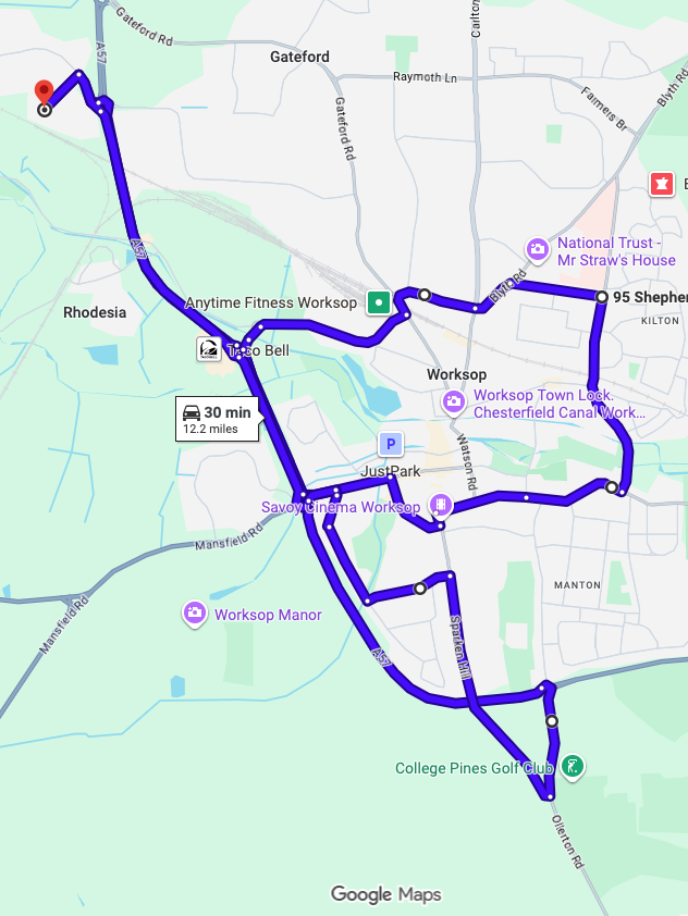 Worksop driving test routes map featuring the complex A57 dual carriageway junctions and Manton Wood roundabout systems