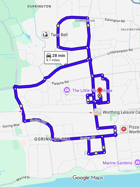 Worthing driving test routes map showing tricky West Sussex coastal roundabouts