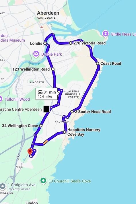 Aberdeen South (Cove) driving test routes map UK showing DVSA test routes, real exam roads, key junctions, roundabouts and roads used in the driving test